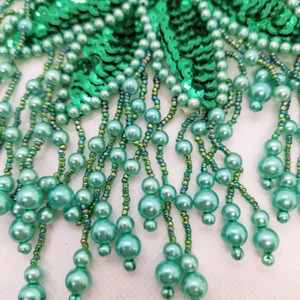 Green Sequin/Bead Starburst Epaulets  Bead Fringe Lot of 2